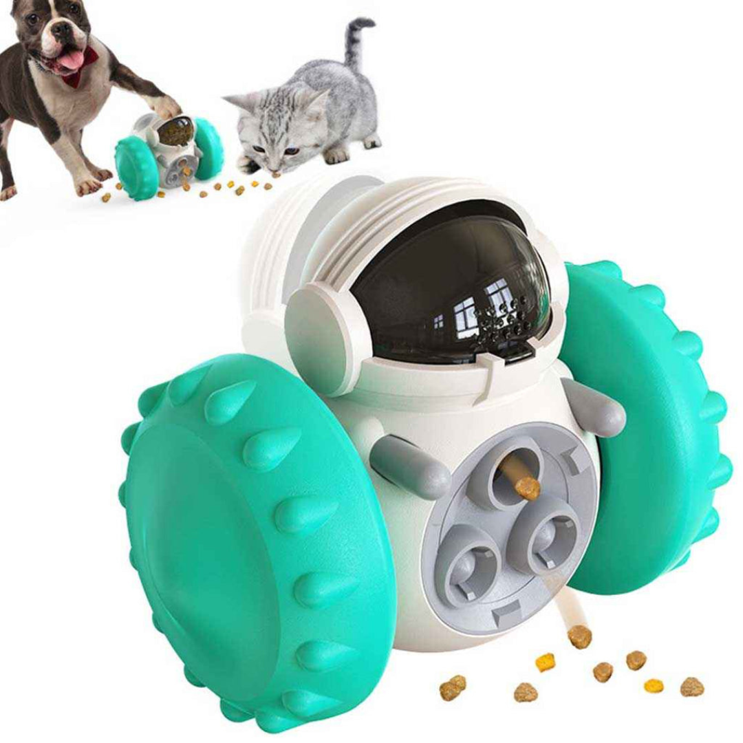 Interactive Robot Treat Toy designed for dogs, made with compartments to hold treats, in green and white colors, with a dog and a cat playing with it.