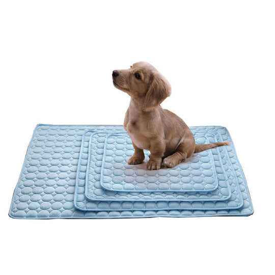 A small dog sitting on top of a blue dog cooling mat with a quilted pattern.