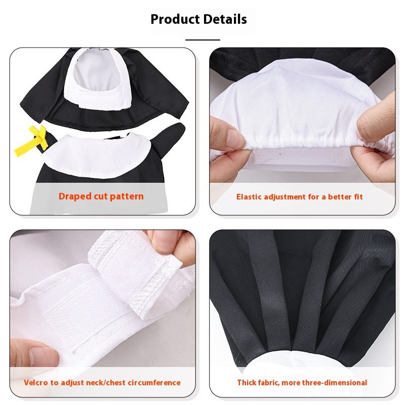 Product details of a nun costumer for pets with black collar and cuffs, including draping pattern, elastic adjustment, velcro for neck/chest circumference, and thick fabric.