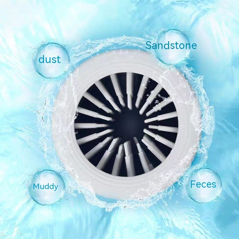 Automatic pet paw washing pedicure cup with labeled contaminants on a blue background