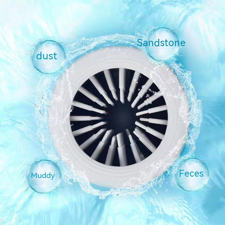 Automatic pet paw washing pedicure cup with labeled contaminants on a blue background