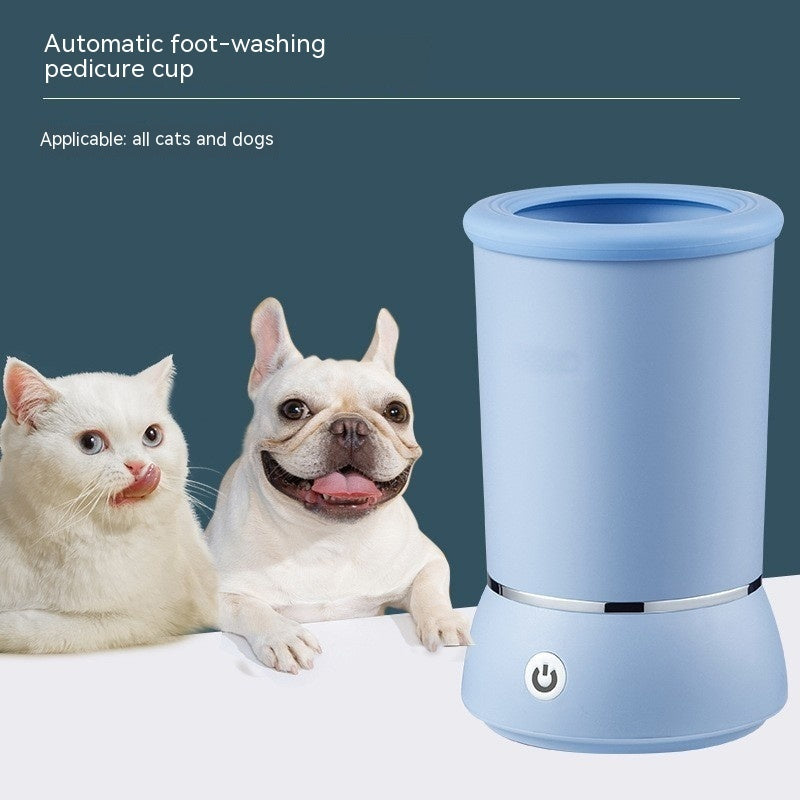 Blue Automatic foot-washing pedicure cup with a cat and dog in front of it on a dark blue background