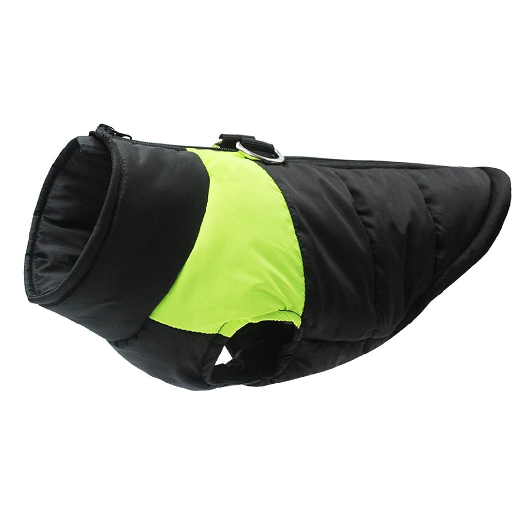 Black and green dog vest on a white background