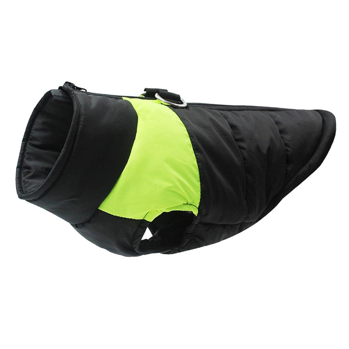 Black and green dog vest on a white background