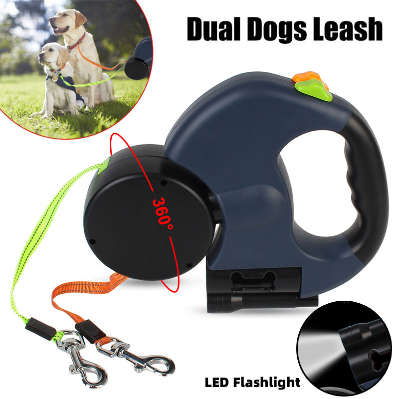Dual dogs leash with LED flashlight feature on a white background