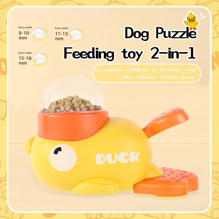 Dog puzzle feeding toy with a yellow duck design on a beige background
