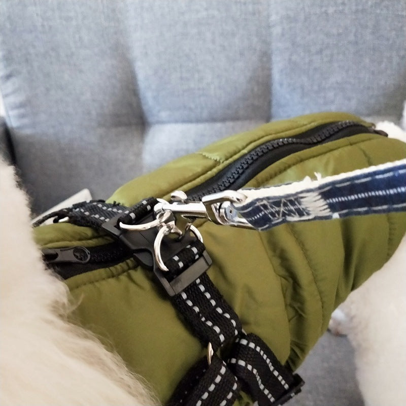 Green dog coat with black harness and blue leash on a gray background