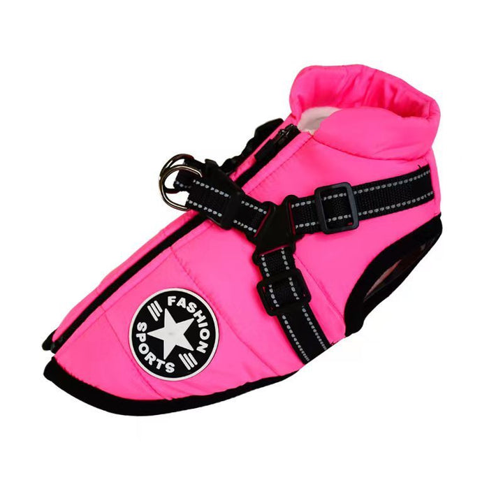 Pink dog vest with black straps and a visible brand logo on a white background