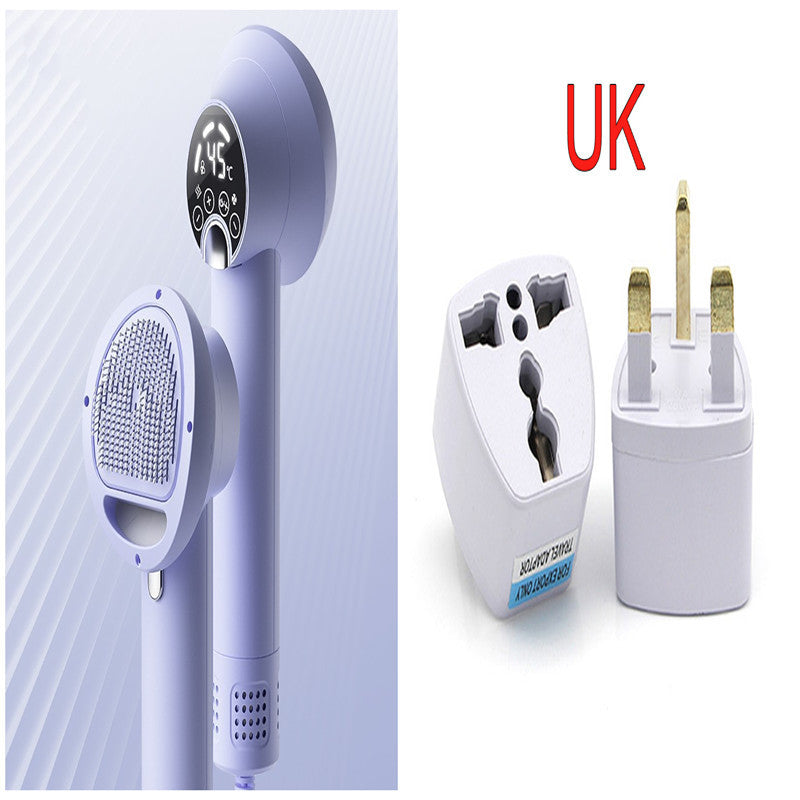 Handheld shower head and UK plug adapter on a white background