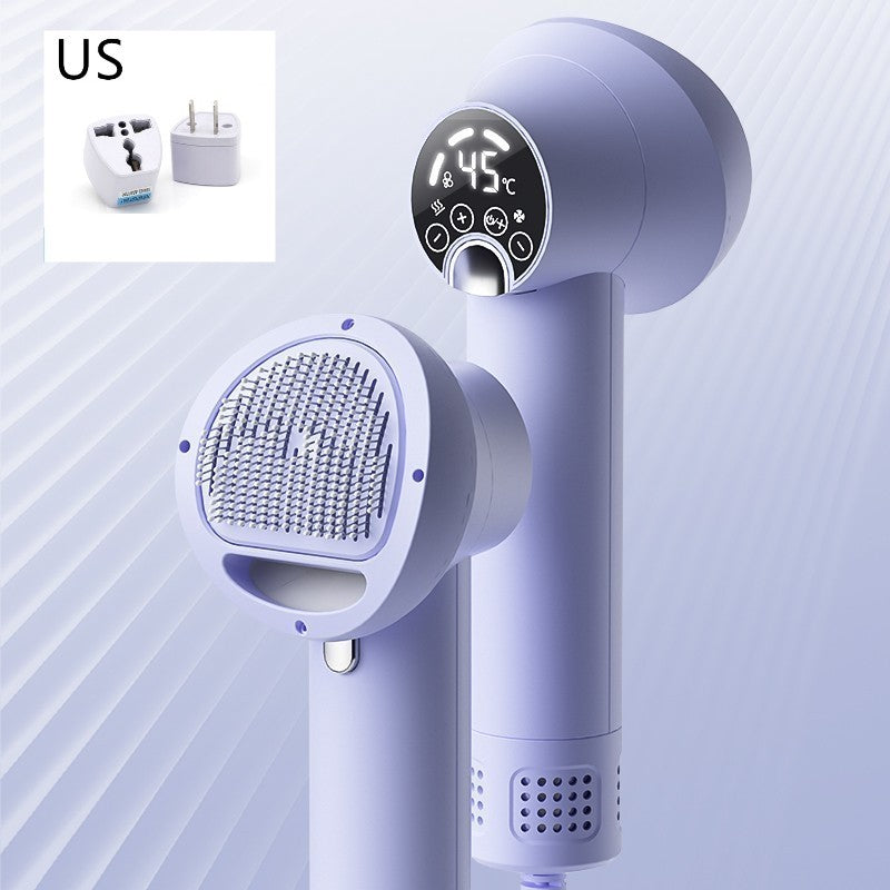 Purple handheld hair dryer with digital temperature display on a light blue background