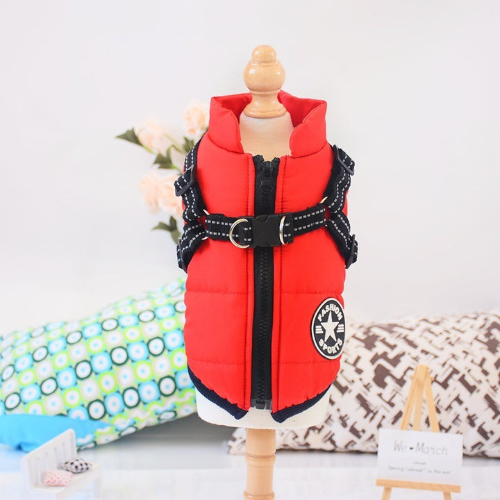 Red puffer vest with a black strap on a mannequin against a neutral background