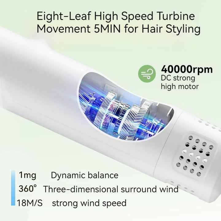 Hair styling tool with text detailing features like high speed turbine movement and strong wind speed.