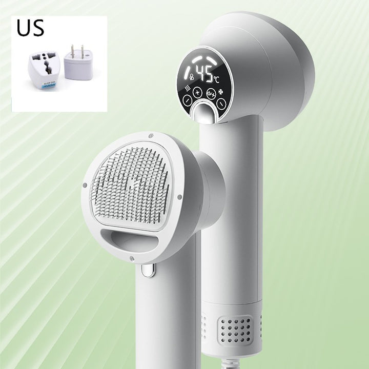 White handheld shower head with digital display on a light green background
