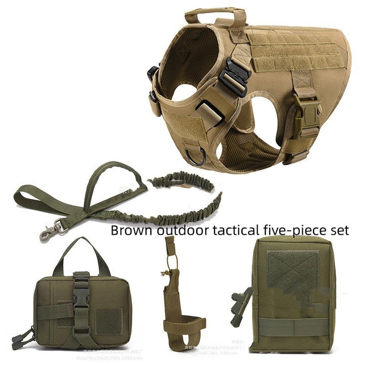 Brown outdoor tactical five-piece set including a vest, bag, and other accessories on a white background.