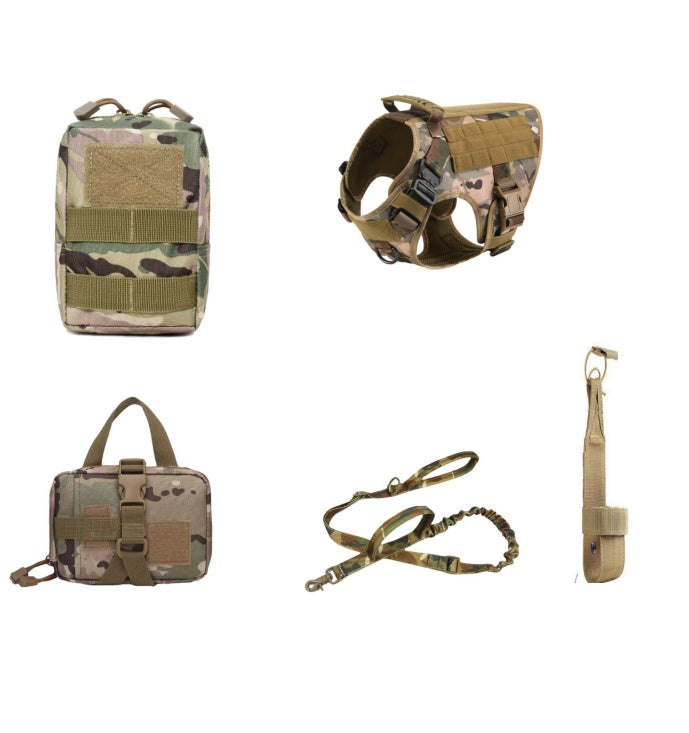Collection of tactical gear including a vest, pouches, and a leash on a white background