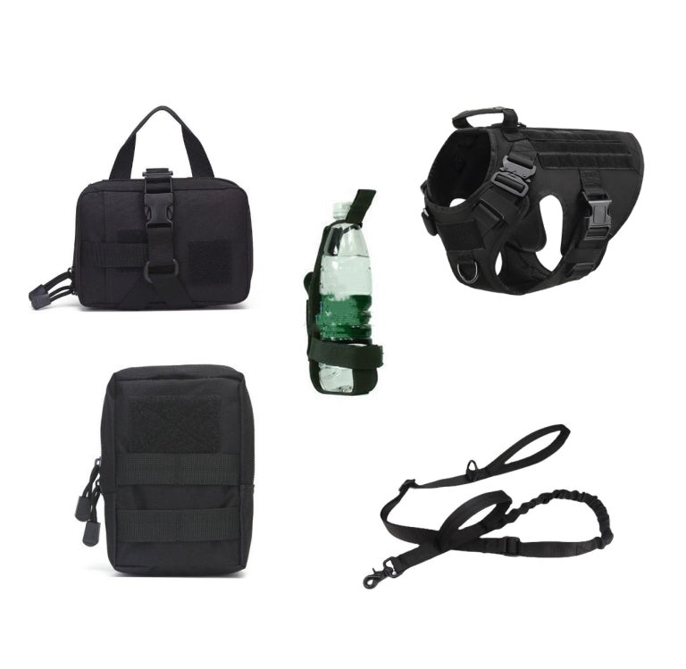Collection of black tactical gear including a bag, harness, pouch, and leash on a white background.