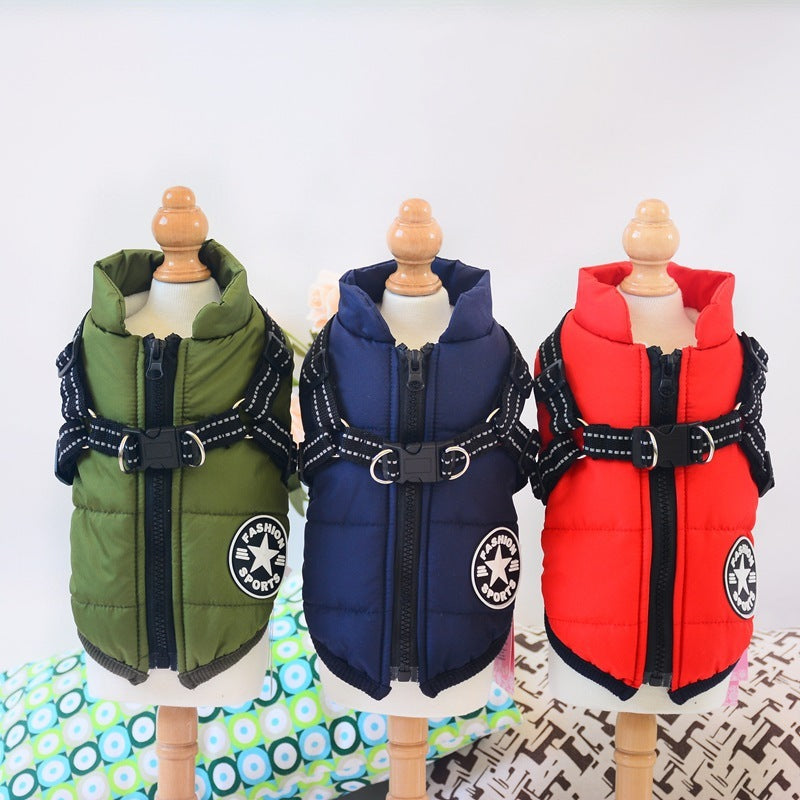 Three Waterproof Winter Dog Coat with Built-In Harness in green, blue, and red on mannequins with a colorful patterned background.