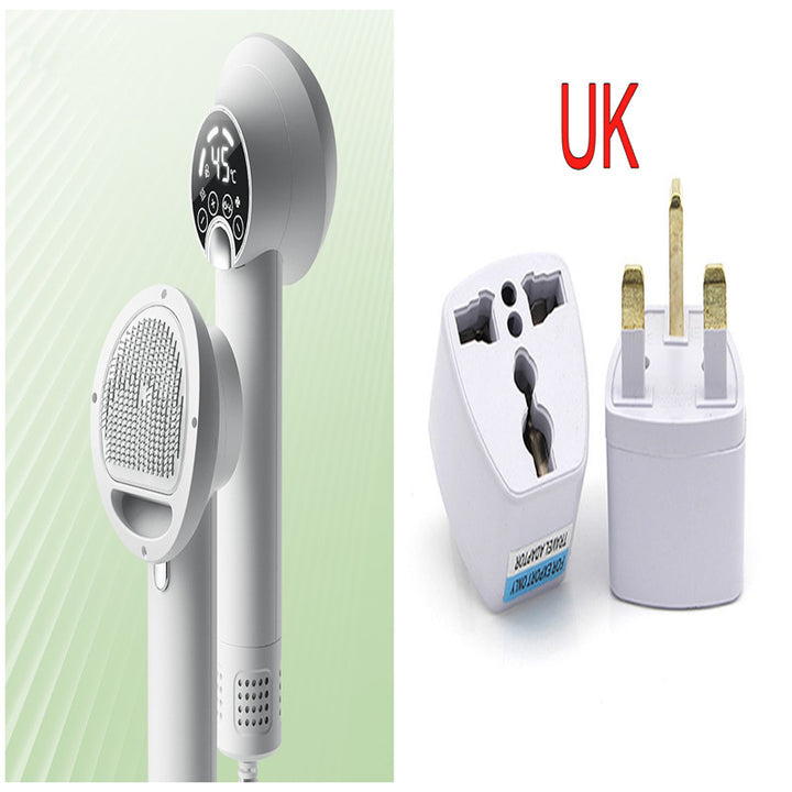 White handheld shower head and UK plug adapter on a white background