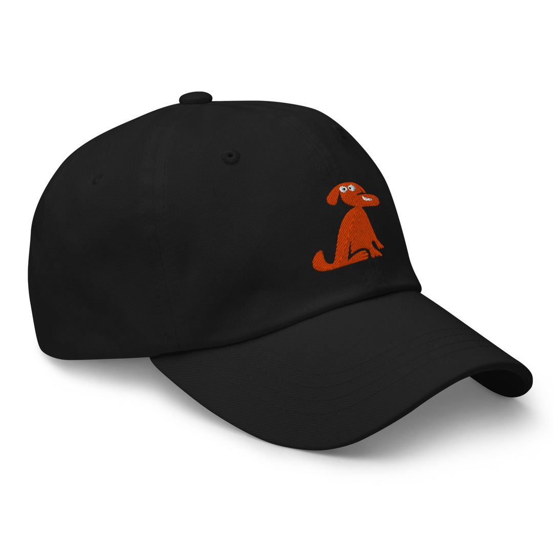 Black cap with a brown dog illustration on a white background