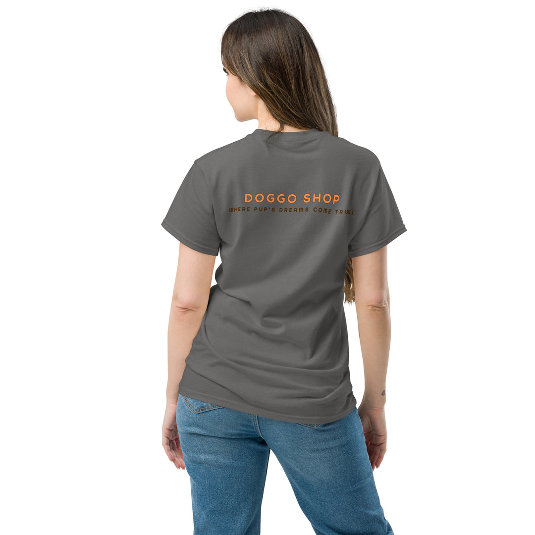 Person wearing a gray t-shirt with 'Doggo Shop' text on the back, standing against a white background