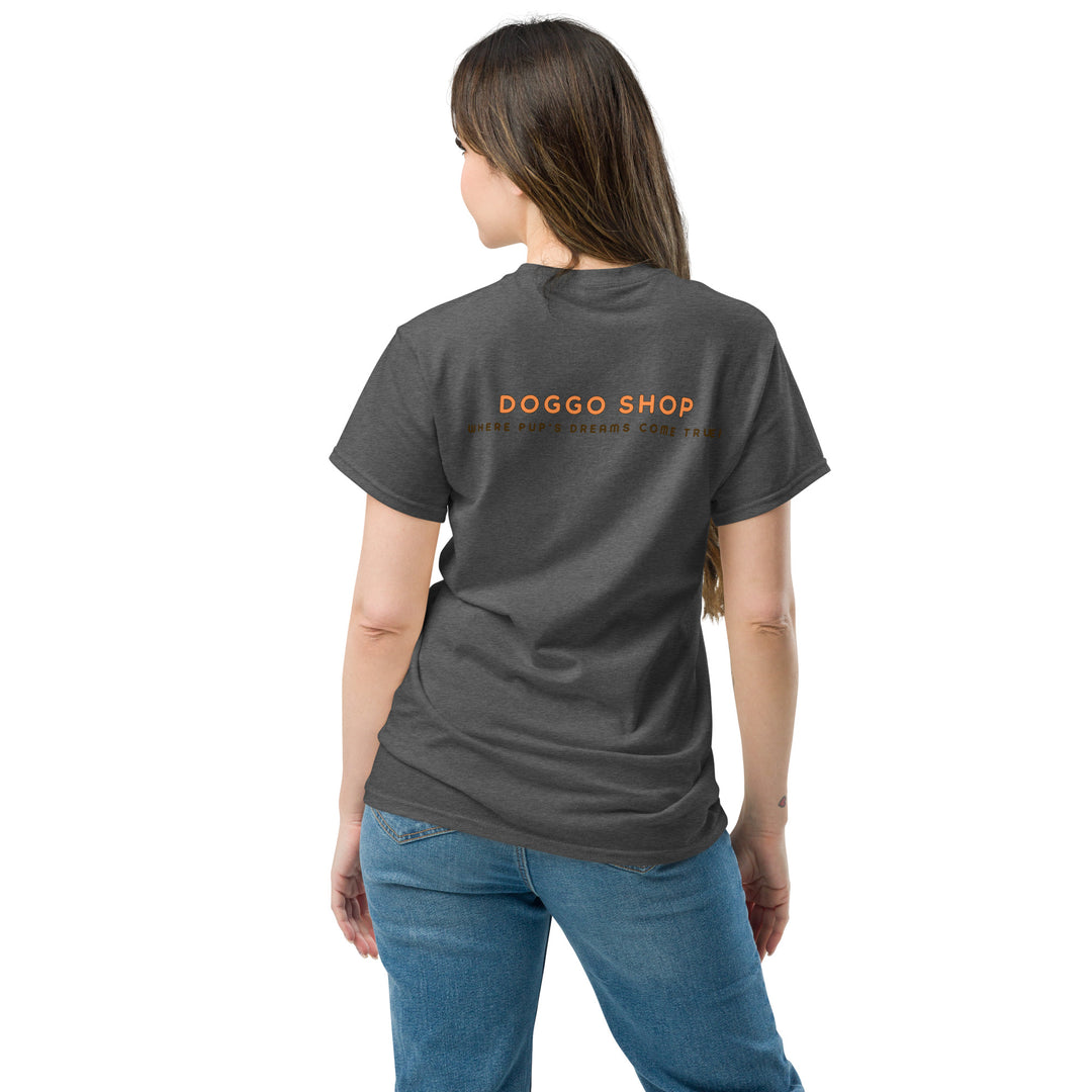 Person wearing a gray t-shirt with 'DOGGO SHOP' printed on the back, standing against a white background.