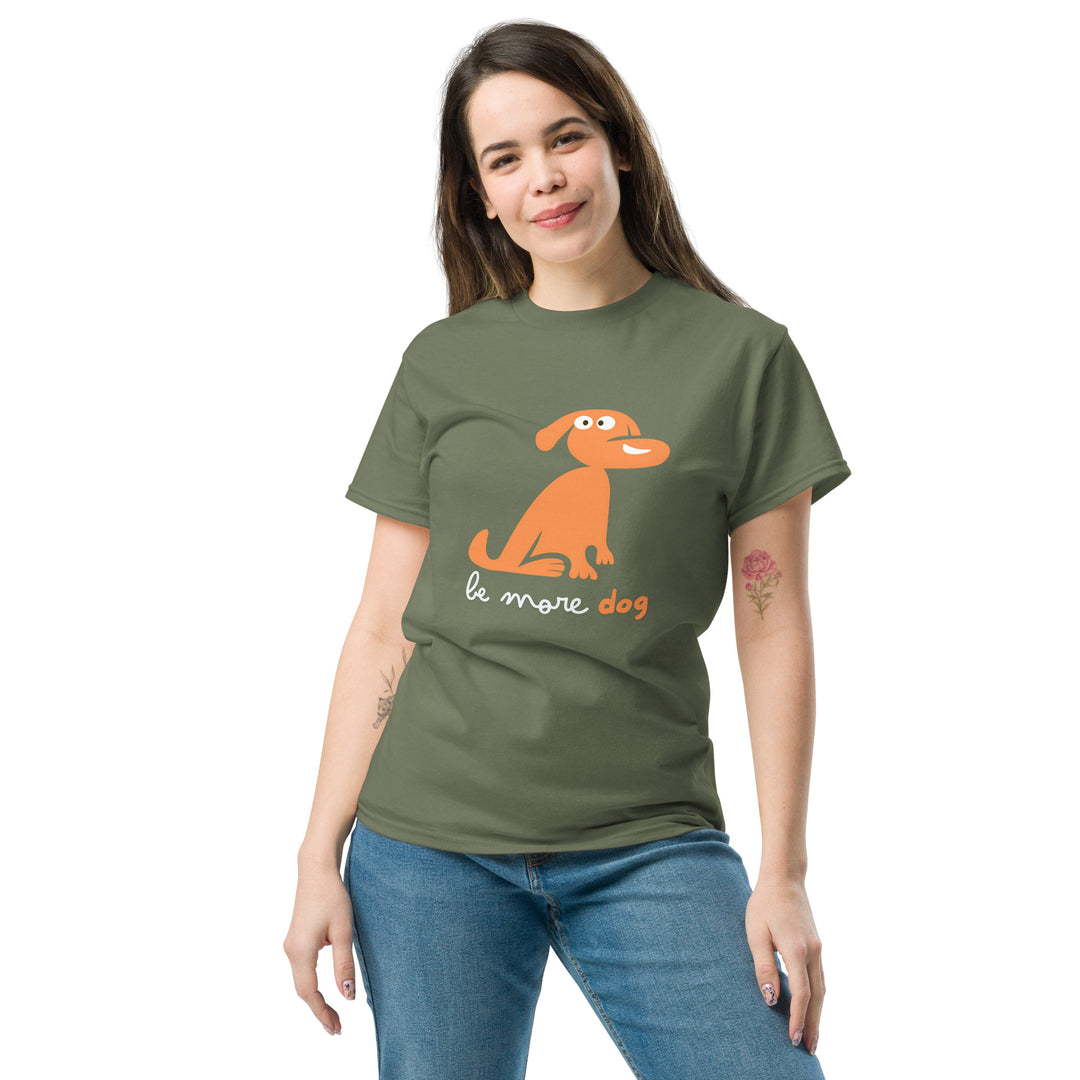 Woman wearing a green t-shirt with a dog graphic and text on a white background