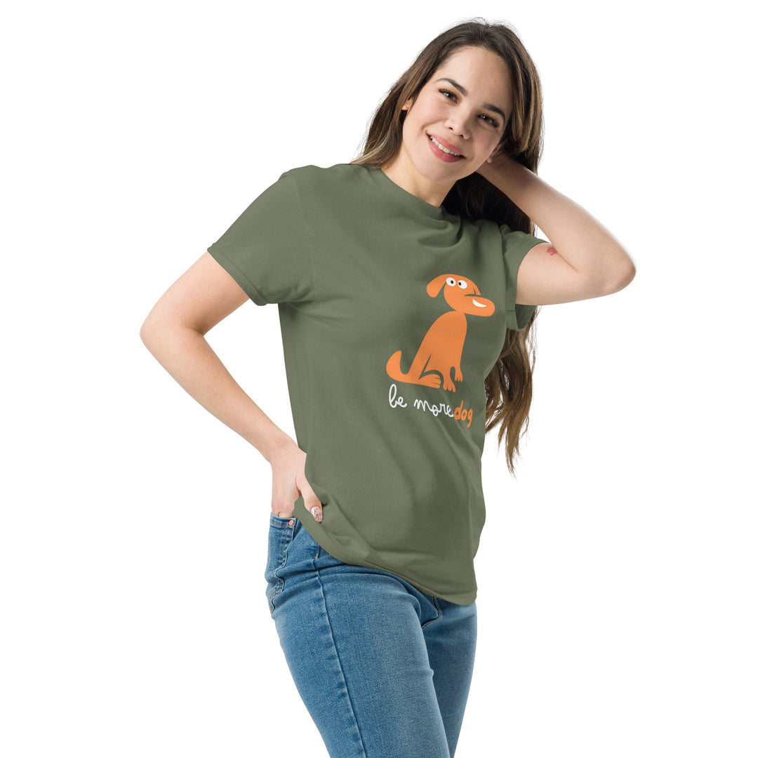 Woman wearing a green t-shirt with a dog graphic and text on a white background