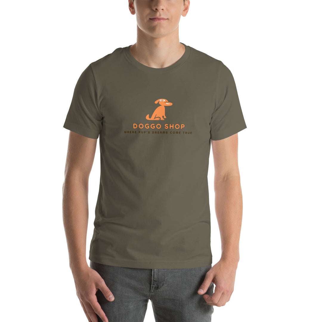 Person wearing a green t-shirt with 'Doggo Shop' logo on a white background