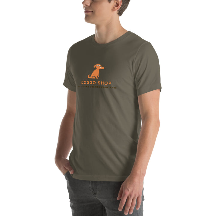 Person wearing a green t-shirt with 'Doggo Shop' logo on a white background