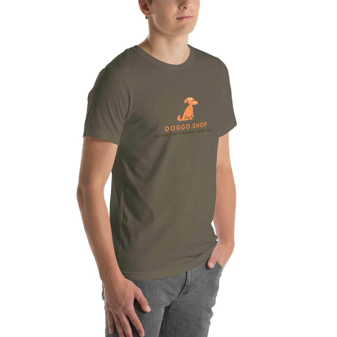 Person wearing a green t-shirt with a logo and text on a white background