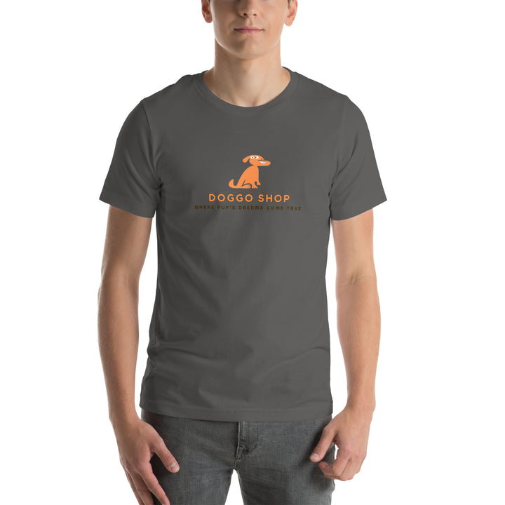 Person wearing a gray t-shirt with an orange logo and text on a white background