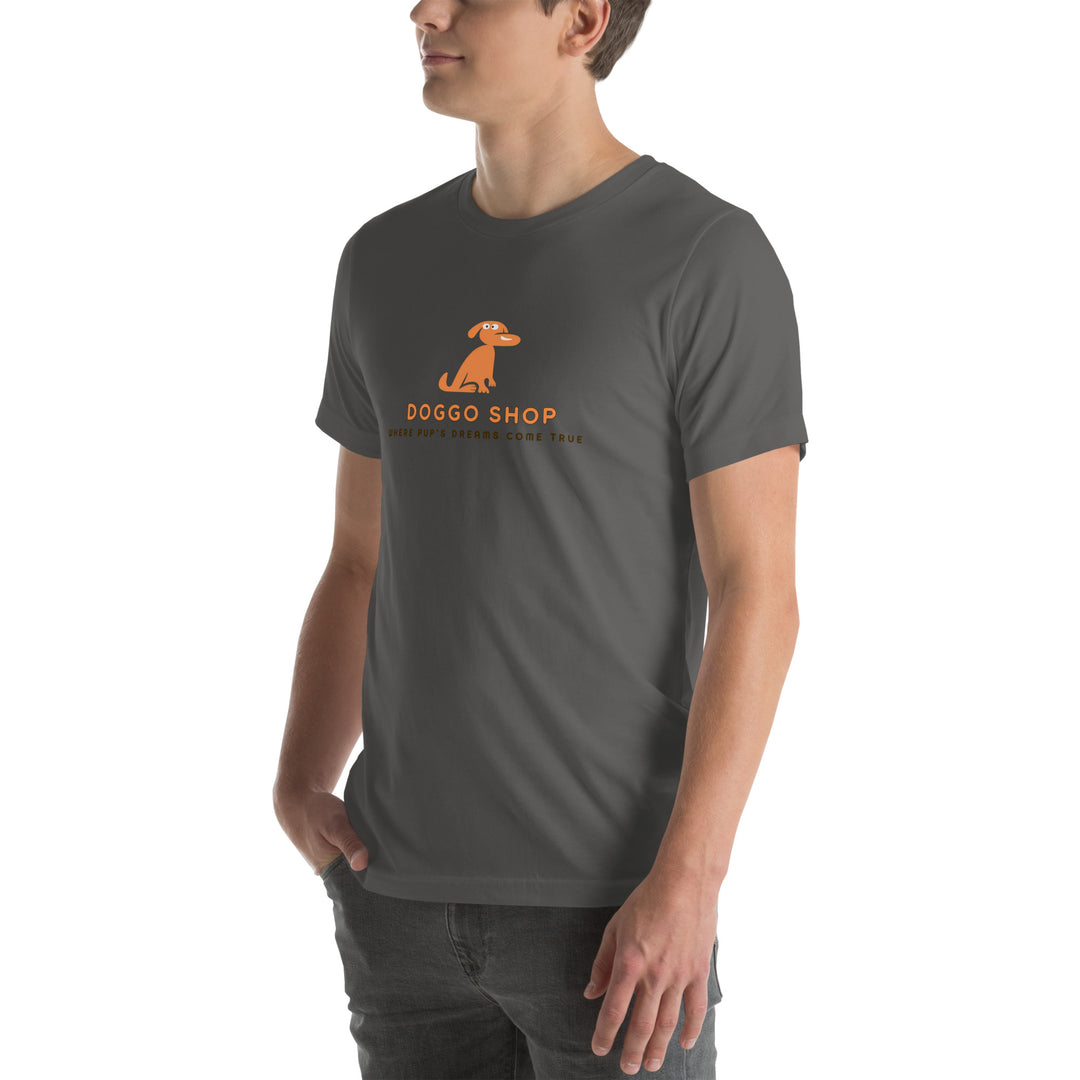 Person wearing a dark gray t-shirt with a logo and text on a white background