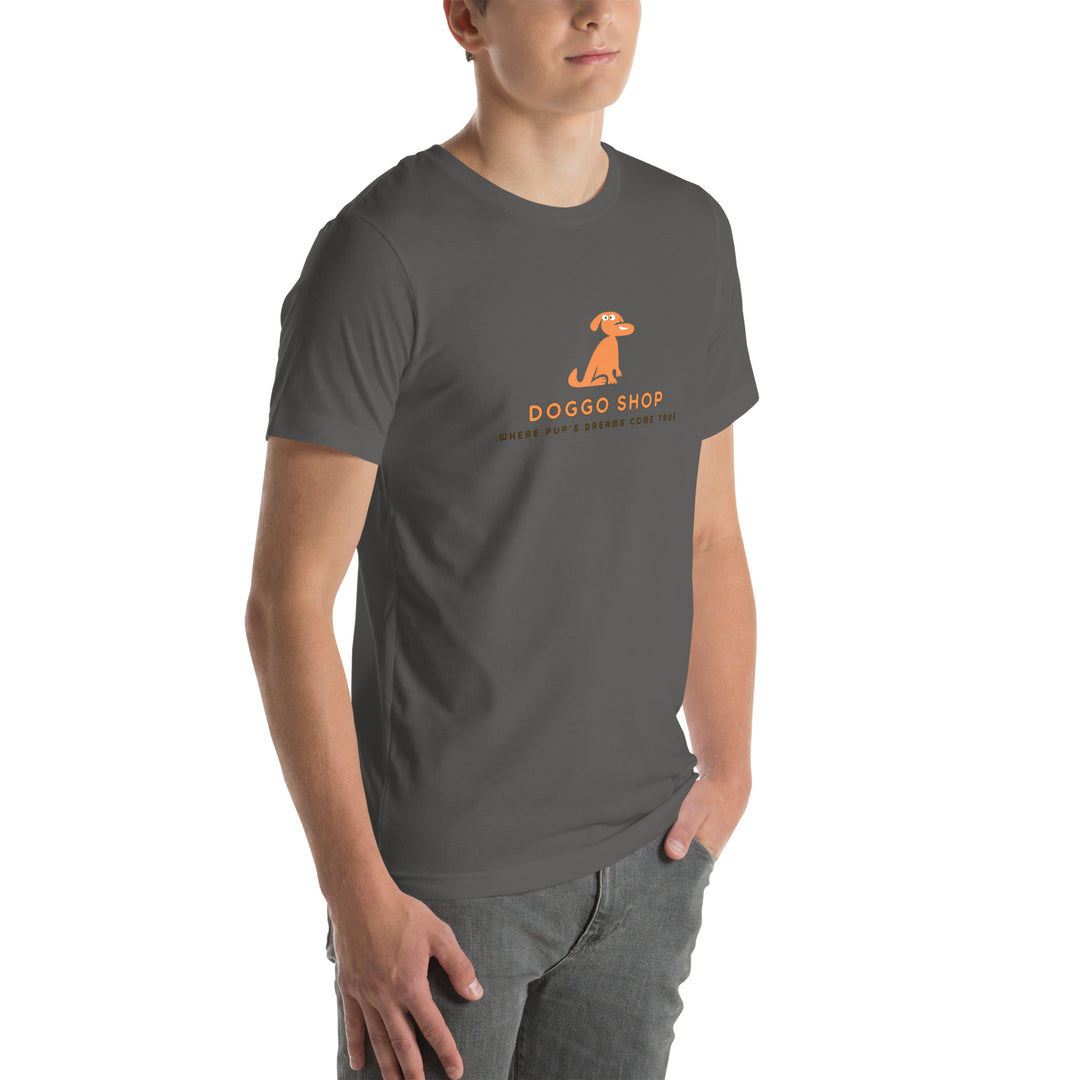 Person wearing a dark gray t-shirt with 'Doggie Shop' logo on a white background