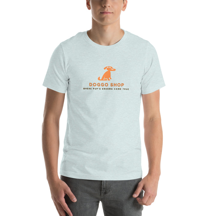 Person wearing a light blue t-shirt with a logo and text on a white background