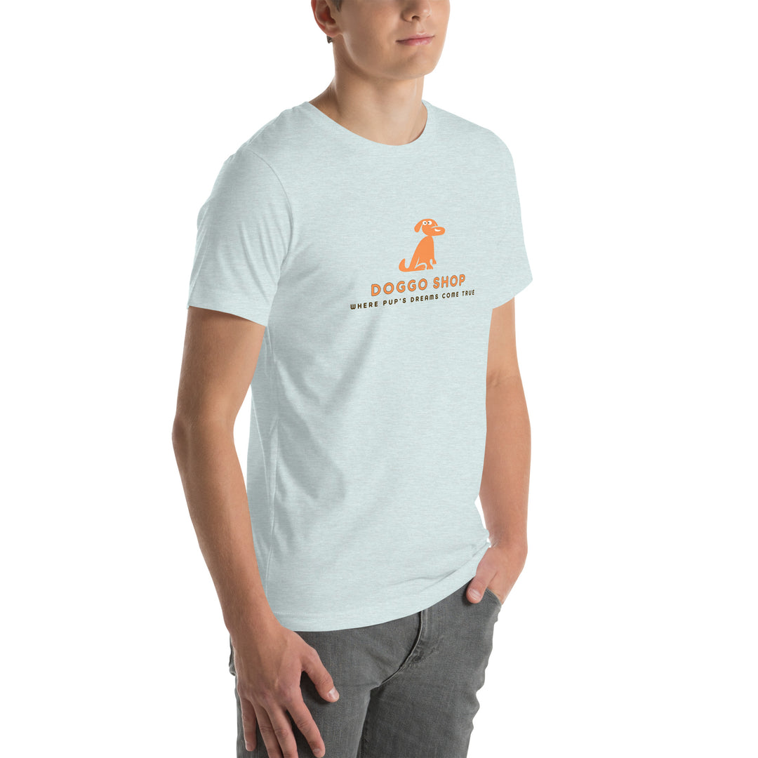 Person wearing a light blue t-shirt with a logo and text on a white background