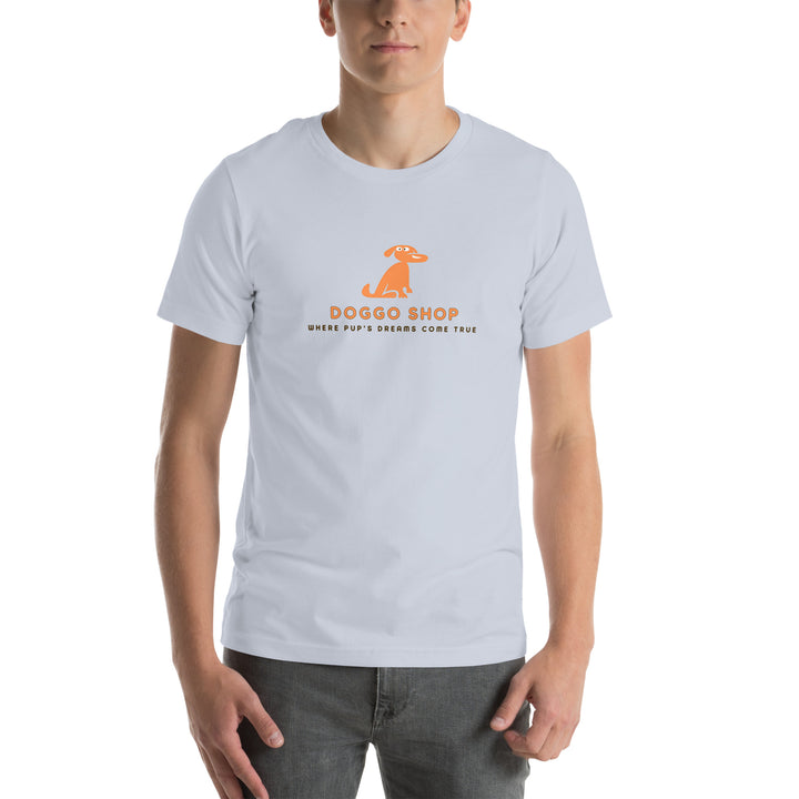 Person wearing a light gray t-shirt with dogo shop logo and text on a white background