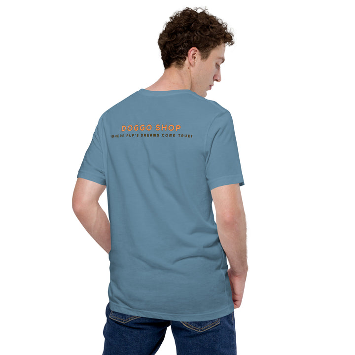 Person wearing a blue t-shirt with 'DOGO SHOP' printed on the back, standing against a white background.