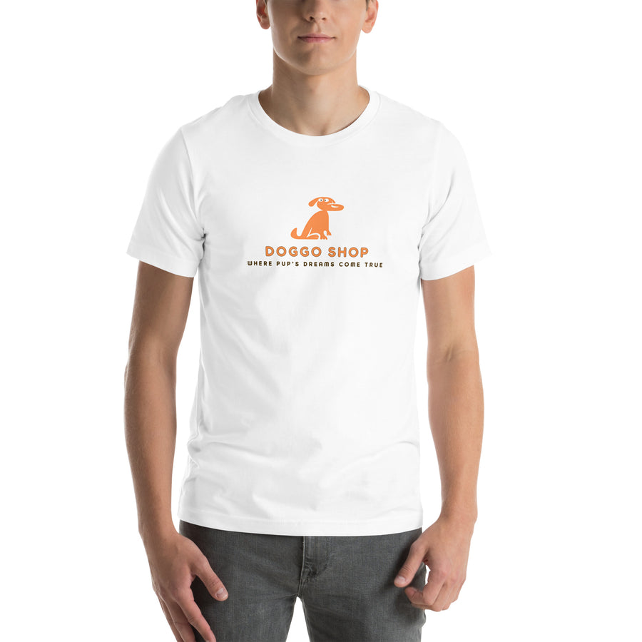 Person wearing a white t-shirt with a logo and text on a white background
